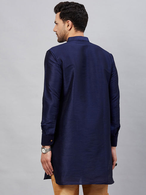 VASTRAMAY Men's Navy Blue Silk Blend Curved Kurta
